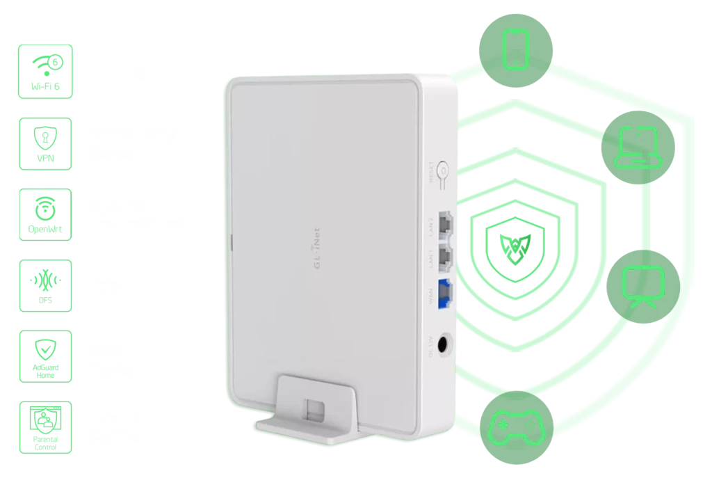 Stylized illustration of a secure home network with a central VPN router connected to a laptop, phone, and smart TV, all protected by a futuristic digital shield.