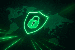 A glowing green shield protecting a modern Wi-Fi 6 VPN router, symbolizing instant home network security from Urban Shield VPN.